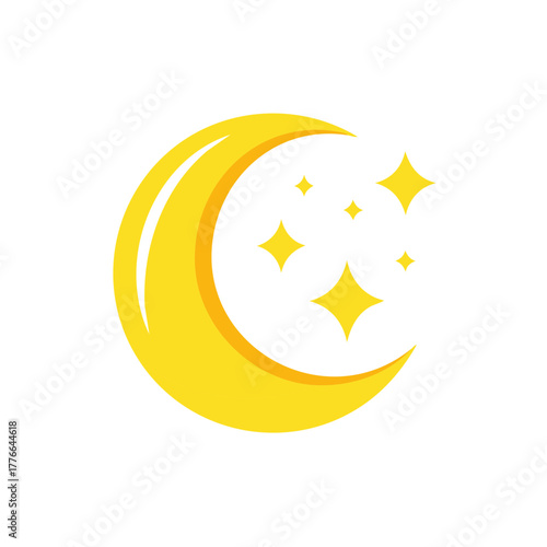 Vibrant yellow crescent moon graphic illustration with four shimmering gold stars depicting a peaceful celestial night sky