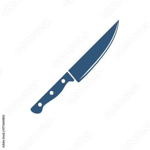 Blue kitchen knife with riveted handle for food preparation and cooking on a plain background