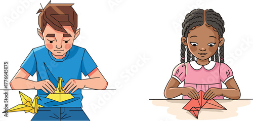 Cartoon children folding colorful origami paper at table, creative kids making paper crafts, educational activity vector illustration for stock content