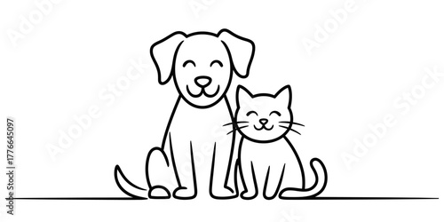 Friendly cartoon dog and cat sitting side by side, happy animal companionship in a minimalist outline drawing, vector illustration for pet care or veterinary design projects.