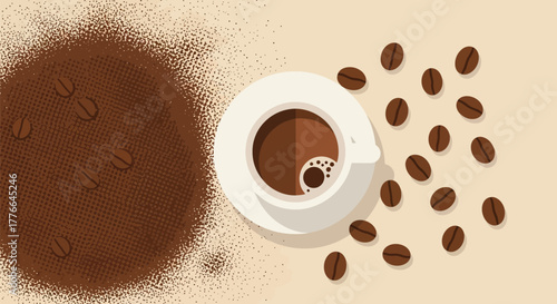 Top View of Coffee Cup with Beans and Ground Powder
