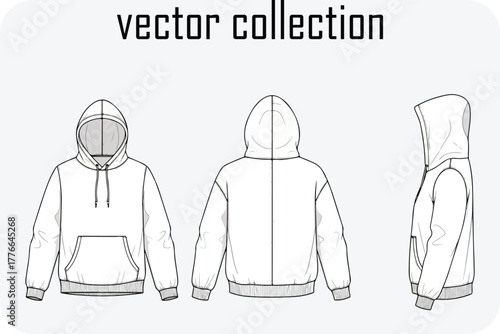 Vector collection of detailed fashion illustrations showcasing hoodies from front back and side views for apparel design and mockups