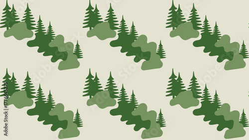 Repeated pattern of green trees and abstract shapes on a light beige background surface design art
