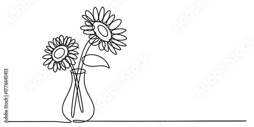 One continuous line drawing of two simple stylized sunflowers in a glass vase, on a white background. minimalist artistic design illustrating nature and growth concept.