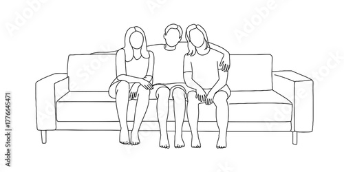 Line art illustration of three people, two women and one man, sitting on a modern sofa, embracing each other, depicting friendship, family, togetherness, and relaxation.