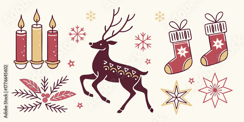Illustration of christmas elements including candles deer stockings and snowflakes arranged nicely