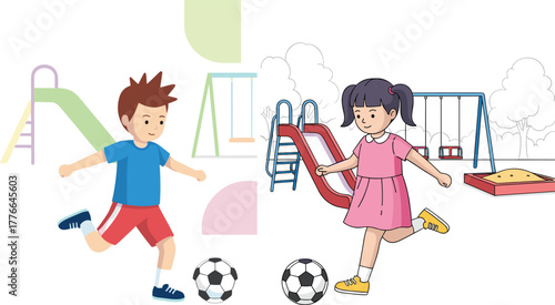 Cartoon children playing soccer in playground with slides, swings, sandbox, outdoor activity, teamwork, sports fun, recreation, fitness, and exercise illustration
