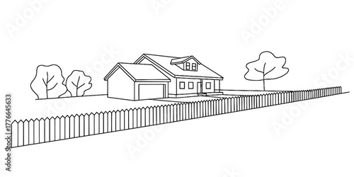 Minimalist black and white line art vector illustration of a suburban single family house with an attached garage, a picket fence, and trees.
