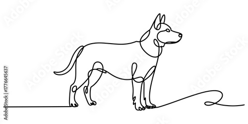 Continuous one line drawing of a standing dog with pointed ears and a tail, a minimalist and abstract animal illustration depicting loyalty, companion.