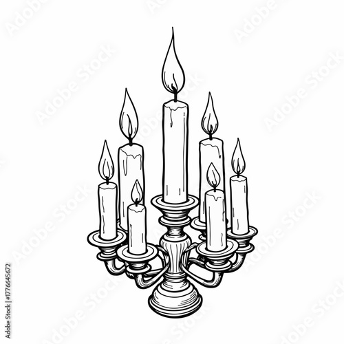 A vintage candelabra with seven lit candles. Hand-drawn black and white line art sketch. Ornate gothic candlestick holder for religious or ceremonial themes.