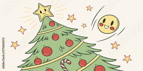 Illustration of a christmas tree with a star topper and ornaments and a smiley face floating nearby