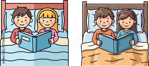 Cartoon children reading books together in bed under blankets, happy siblings enjoying bedtime story, cozy family bonding, educational learning illustration