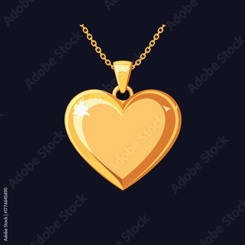 Gold heart pendant necklace. Romantic jewelry symbol for Valentine's Day. Shiny cartoon graphic isolated on a dark background