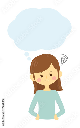 吹き出し付きの悩んでいるシンプルで可愛い女性のイラスト