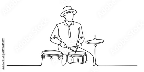 Continuous one line drawing of a musician playing a drum set with sticks, featuring a cymbal and two drums, wearing a stylish fedora hat, capturing musical rhythm and dynamic artistic expression.