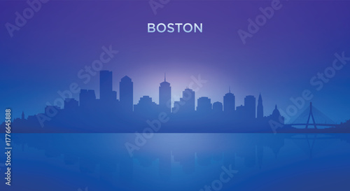 Boston neon skyline silhouette with futuristic city view
