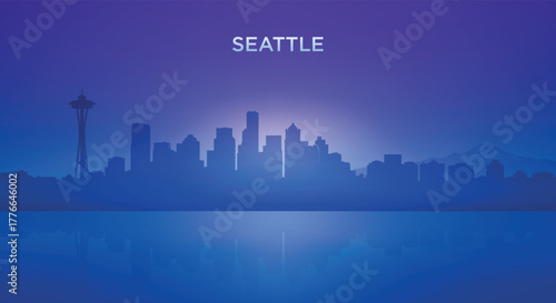 Seattle neon skyline silhouette with futuristic city view