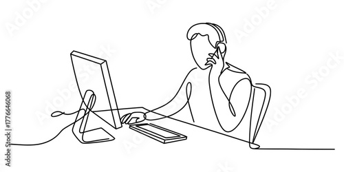 Continuous line drawing of a person working on a computer while talking on a phone, wearing headphones at an office desk, showcasing multitasking and communication.