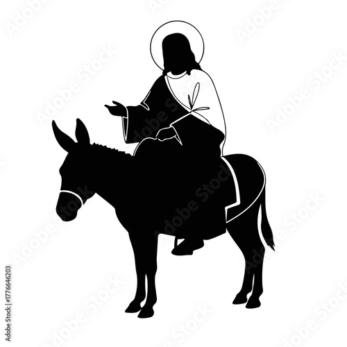 Silhouette of Jesus riding a donkey. Biblical graphic of the Triumphal Entry for Palm Sunday. Minimalist christian religious icon