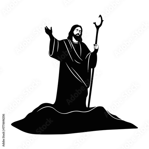 A silhouette of Jesus Christ preaching on the mount. Christian religious symbol with a shepherd's staff. Black and white graphic icon isolated on a white background