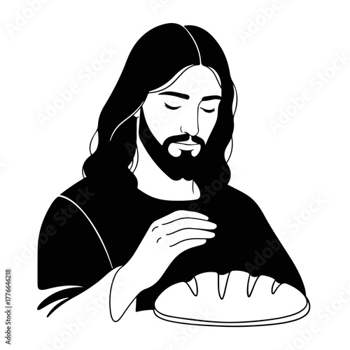 Jesus Christ blessing the bread icon. Christian symbol of the Eucharist and Last Supper. Minimalist black and white graphic design
