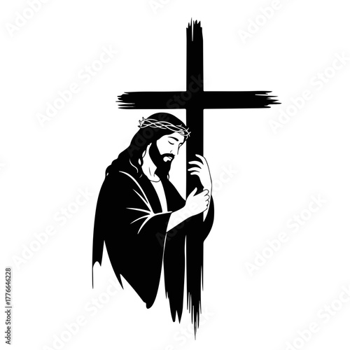 Jesus Christ holding the cross. A Christian religious symbol with a crown of thorns. Black and white stencil graphic representing faith, sacrifice, and Easter