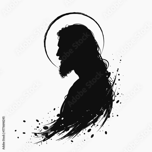 A modern silhouette of Jesus Christ with a halo. Expressive religious graphic with an ink brush stroke style. Christian faith and spirituality symbol