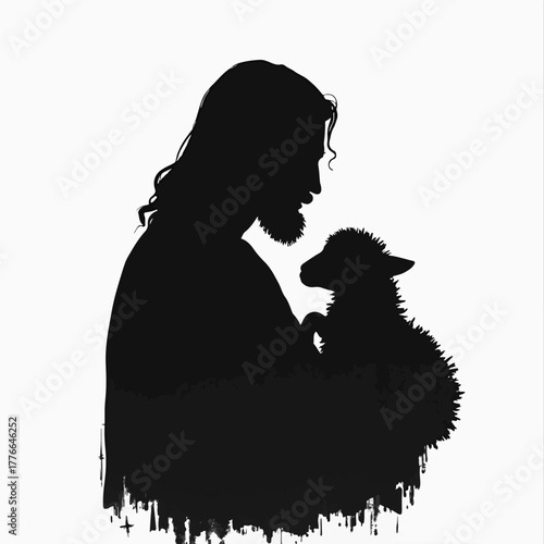 Silhouette of Jesus Christ as the Good Shepherd holding a lamb. Christian religious faith symbol. Minimalist black graphic for Easter and church designs