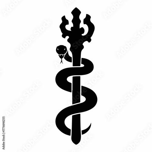 Staff with a coiled snake icon. Biblical symbol of Aaron's rod. Minimalist black silhouette graphic isolated on a white background
