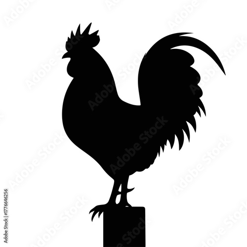 Black rooster silhouette on a post. Simple farm bird icon for a logo or weather vane design. Biblical symbol of a cockerel