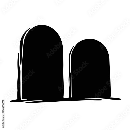 Hand-drawn silhouette of the Ten Commandments stone tablets. A simple icon representing biblical law, rules, and religion. Minimalist black and white graphic
