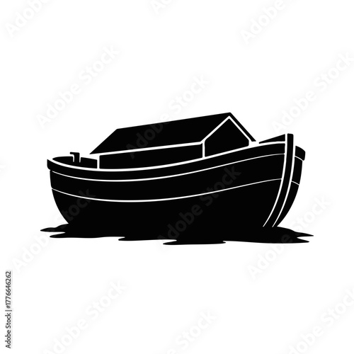 Noah's Ark silhouette icon. Biblical story from the book of Genesis. Simple black and white christian symbol for religious design