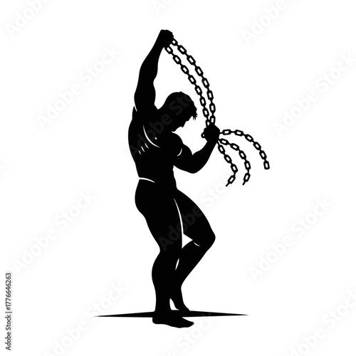 Silhouette of Samson breaking chains. A symbol of strength, freedom, and liberation. Minimalist biblical hero graphic icon