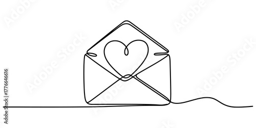 Continuous line art drawing of an open envelope with a heart symbol inside, representing love, romance, mail, message, communication, and affection, on a clean white background.