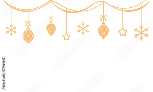 Christmas garland border vector, gold hanging ornaments with snowflakes, stars, and bows, minimal festive swag line art for greeting card, banner, and invitation design.