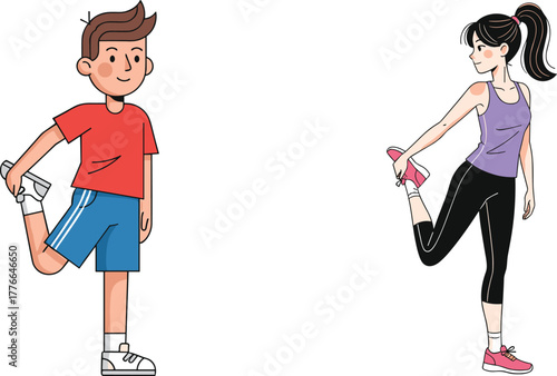 Cartoon man and woman doing standing quadriceps stretch exercise, fitness warm up illustration, healthy lifestyle training vector for sports content