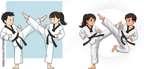 Cartoon martial arts Taekwondo fighters practicing high kick training discipline sport competition teamwork vector illustration for fitness education self defense