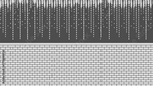 A brick wall with a solid gray background and hanging decorative string lights above the wall edge