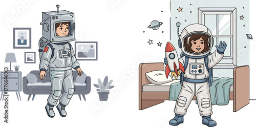 Child astronaut imagination play vector illustration showing space exploration dream, fantasy adventure, bedroom decor, rocket toy, creative learning inspiration