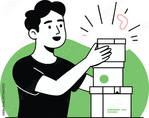 A man stacking boxes with a green circle in the background in a simple line drawing style image