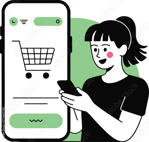 Woman using a smartphone with a shopping cart icon displayed on the screen for online shopping app