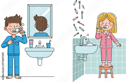 Children brushing teeth in bathroom with floating toothbrushes, daily hygiene routine, boy and girl in pajamas, healthy dental care illustration