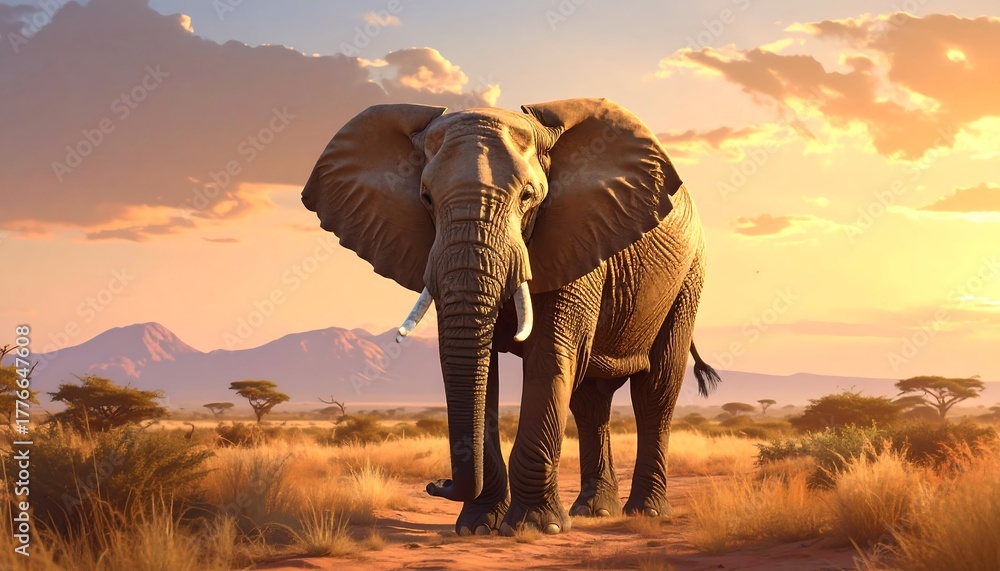 Fototapeta premium A majestic African elephant strides confidently across a dusty savanna. The sunset bathes the scene in warm hues, with distant mountains