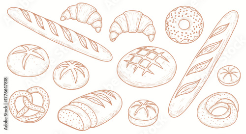 Various baked goods isolated on white background in a sketch style drawing