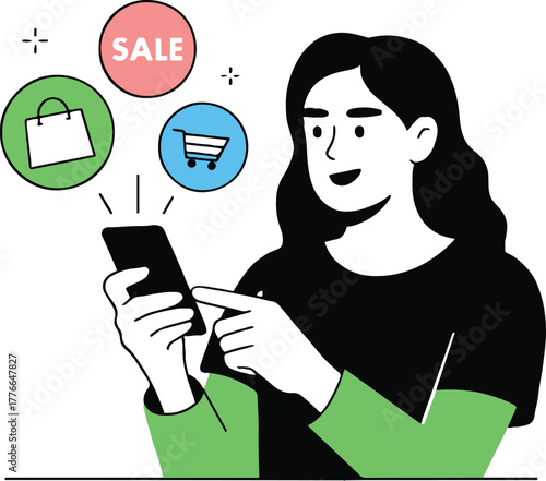 A woman shopping online using her smartphone with sale bag and cart icons floating above her phone screen