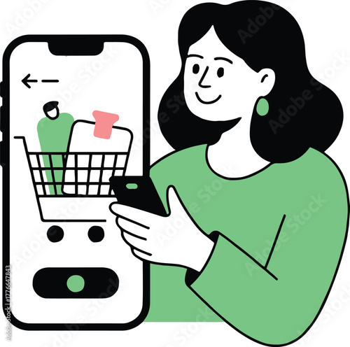Woman using smartphone for online shopping with cart visible on the mobile screen interface app