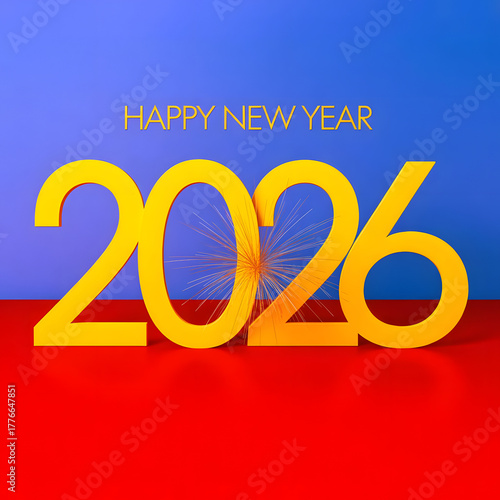 Bright yellow 2026 numbers celebrate happy new year on blue and red background