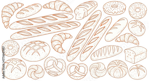 Various baked goods isolated on white background in a sketch style drawing