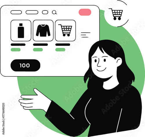 Woman presenting an online shopping interface with product items and a shopping cart icon displayed