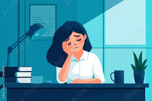 Tired Businesswoman Feeling Stressed at Work Desk Illustration